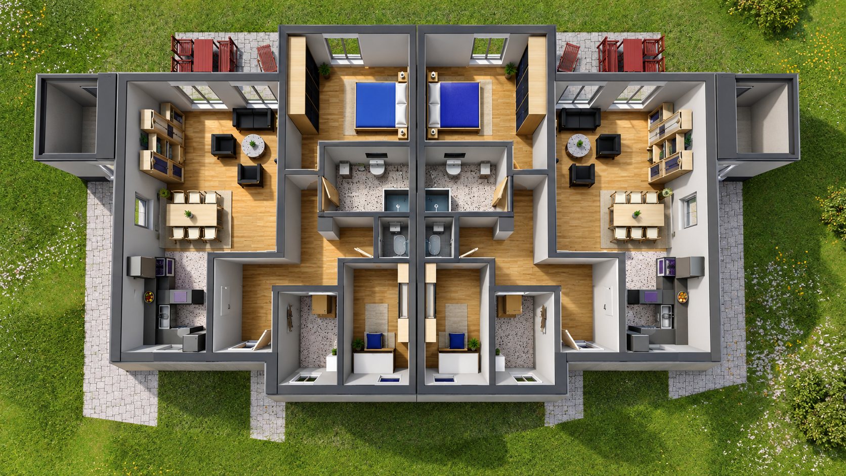 3D-Grundriss der beiden Bungalowhälften