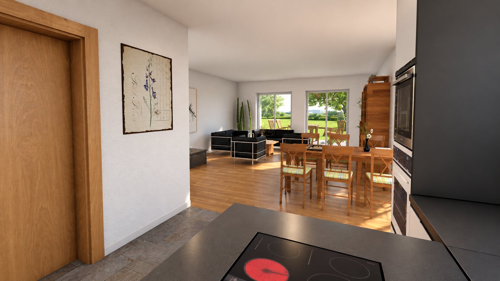 Visualisierung Küche mit Blick in den Wohnbereich